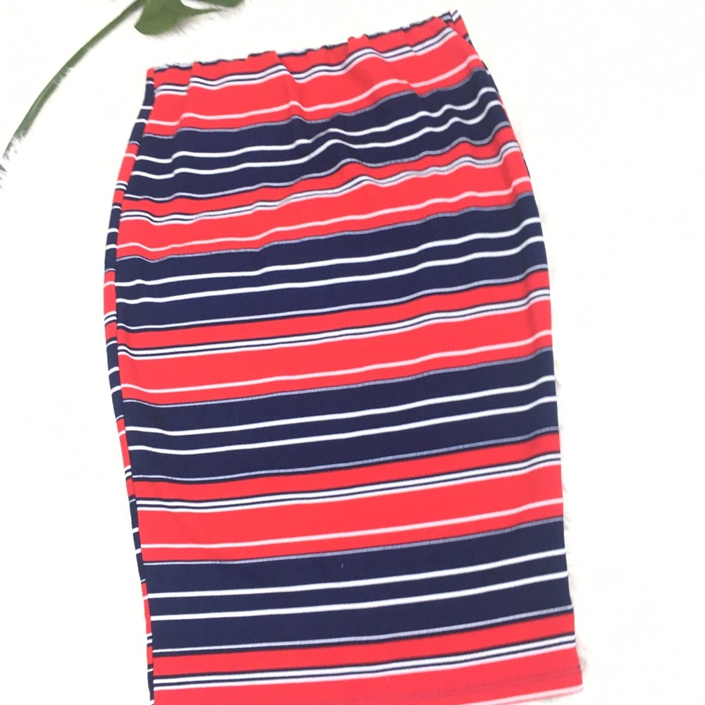 ASHLEY BLUE MIDI PENCIL SKIRT RED STRIPES SIZE M